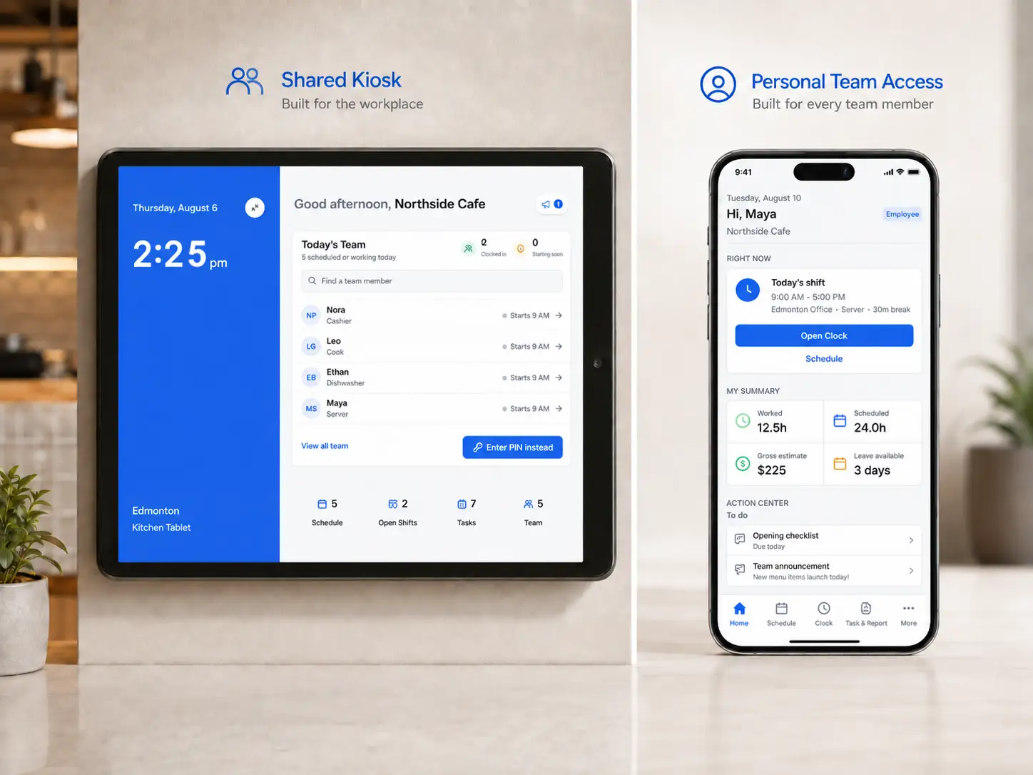 NuvoTime shared kiosk and personal employee dashboard shown side by side
